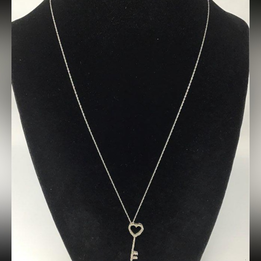 Women’s 10K White Gold Necklace And Heart Key Pendant With Diamonds